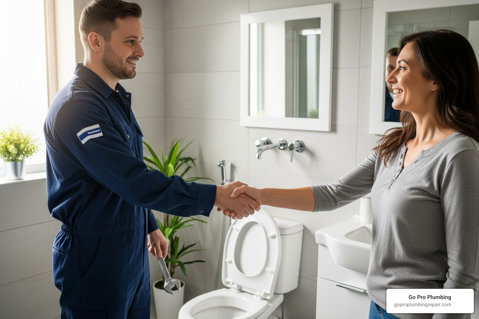 plumber shaking hands with happy homeowner after toilet repair - cost of replacing toilet fill valve plumber shaking hands with happy homeowner after toilet repair - cost of replacing toilet fill valve