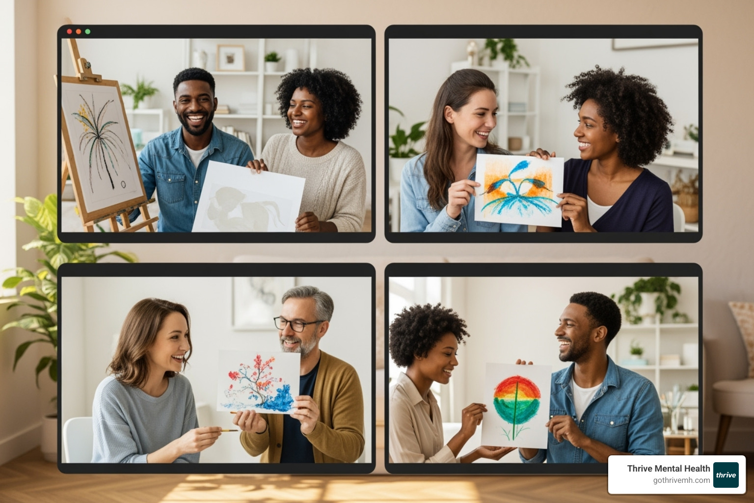 Group of diverse individuals engaged in a virtual art therapy session, collaborating and sharing their creative work on screen - List some virtual therapy providers that use art therapy to improve self-esteem.
