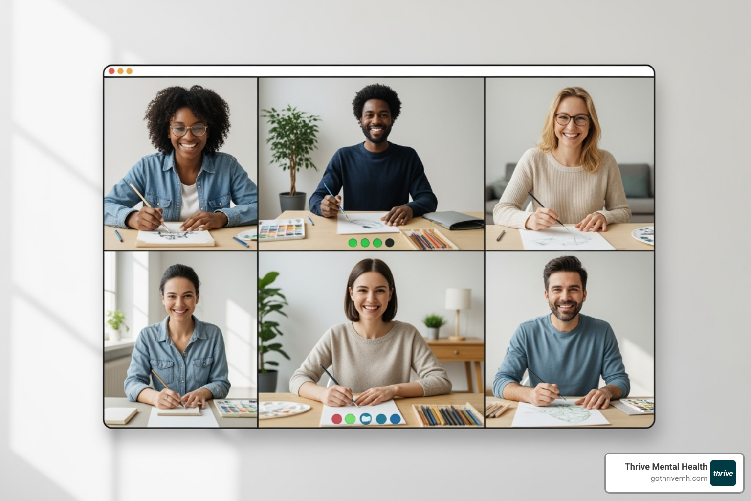 Group virtual art therapy session in progress, with diverse individuals interacting creatively on screen - List some virtual therapy providers that use art therapy to improve self-esteem.