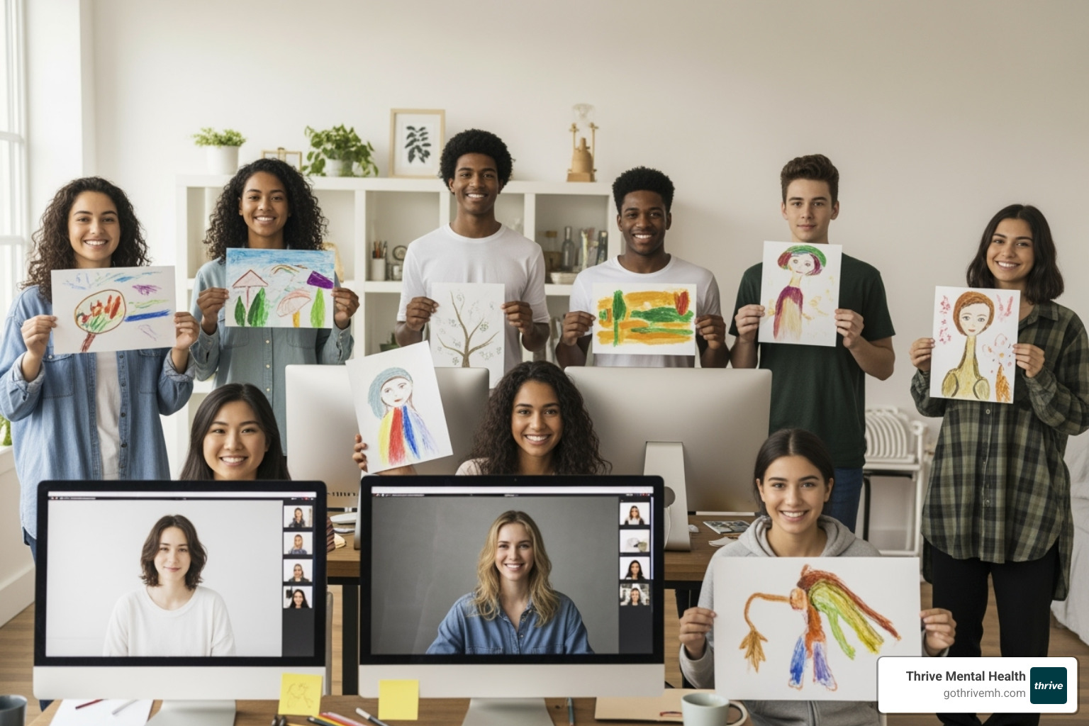 A small, diverse group of teenagers and young adults engaged in a virtual art therapy session, sharing their artwork and interacting positively - List some virtual therapy providers that use art therapy to improve self-esteem.