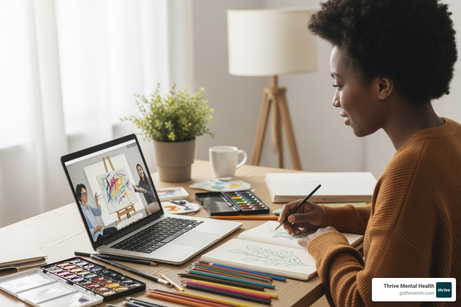 An individual deeply engrossed in a virtual art therapy session, surrounded by art supplies, demonstrating focus and engagement - List some virtual therapy providers that use art therapy to improve self-esteem.