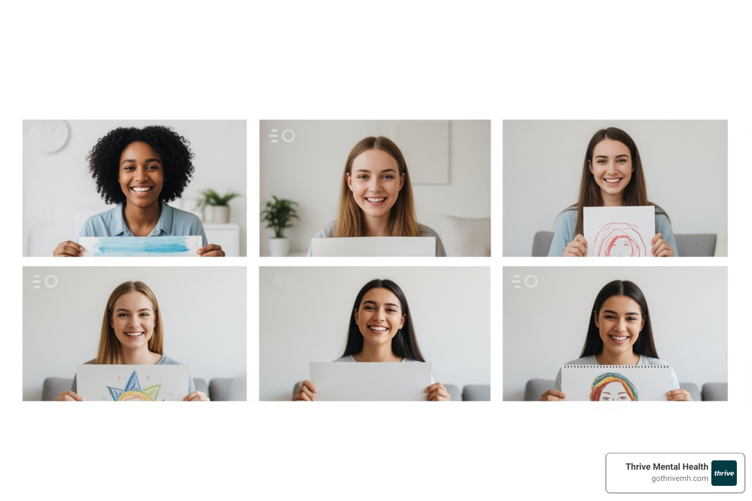 Small group of teens in a virtual art therapy session, sharing artwork and smiling, showing connection - List some virtual therapy providers that use art therapy to improve self-esteem.