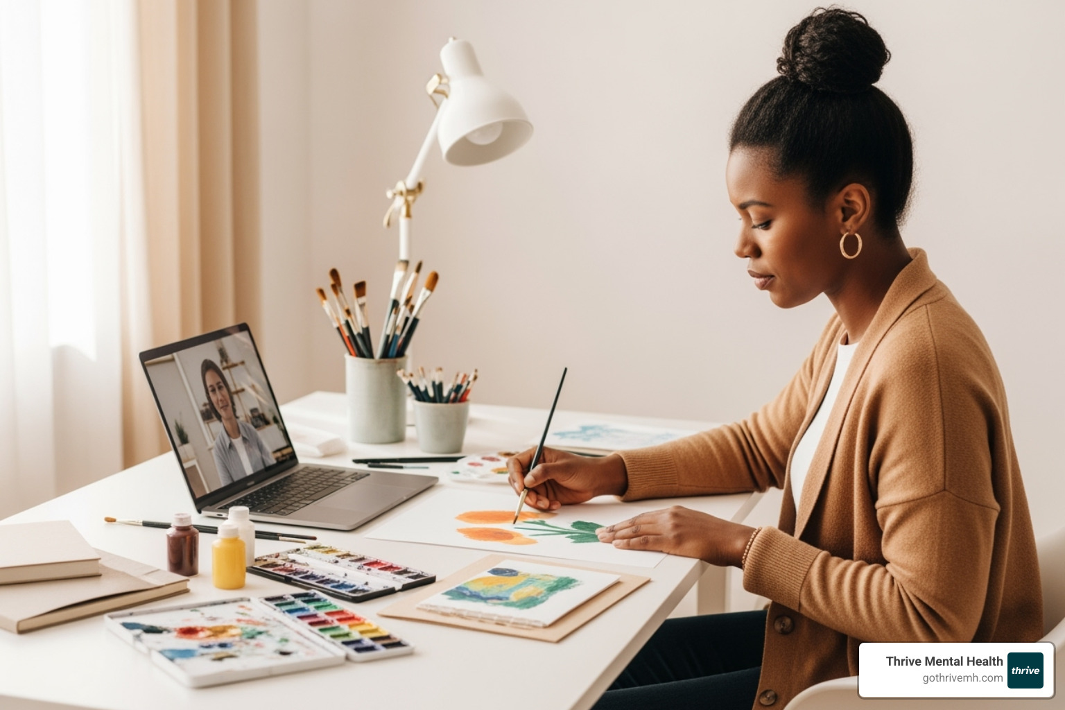 Individual in a virtual art therapy session, focused and engaged with art supplies on a desk - List some virtual therapy providers that use art therapy to improve self-esteem.