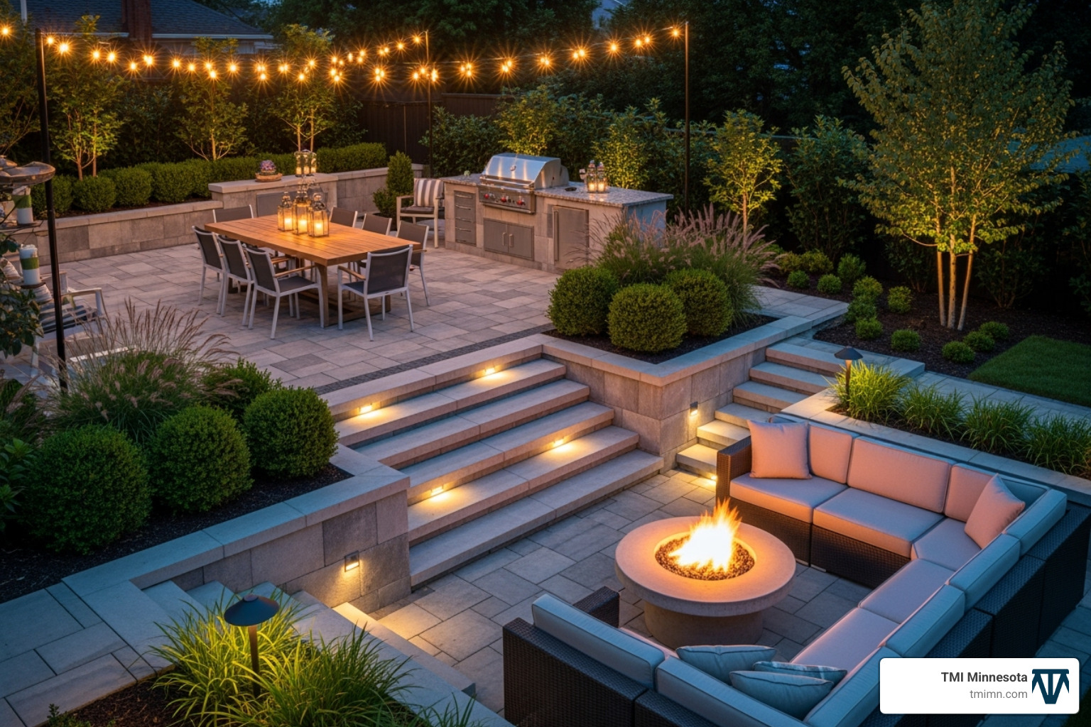 A multi-level backyard with a dining area on one level and a sunken fire pit lounge on another. - modern outdoor backyard designs