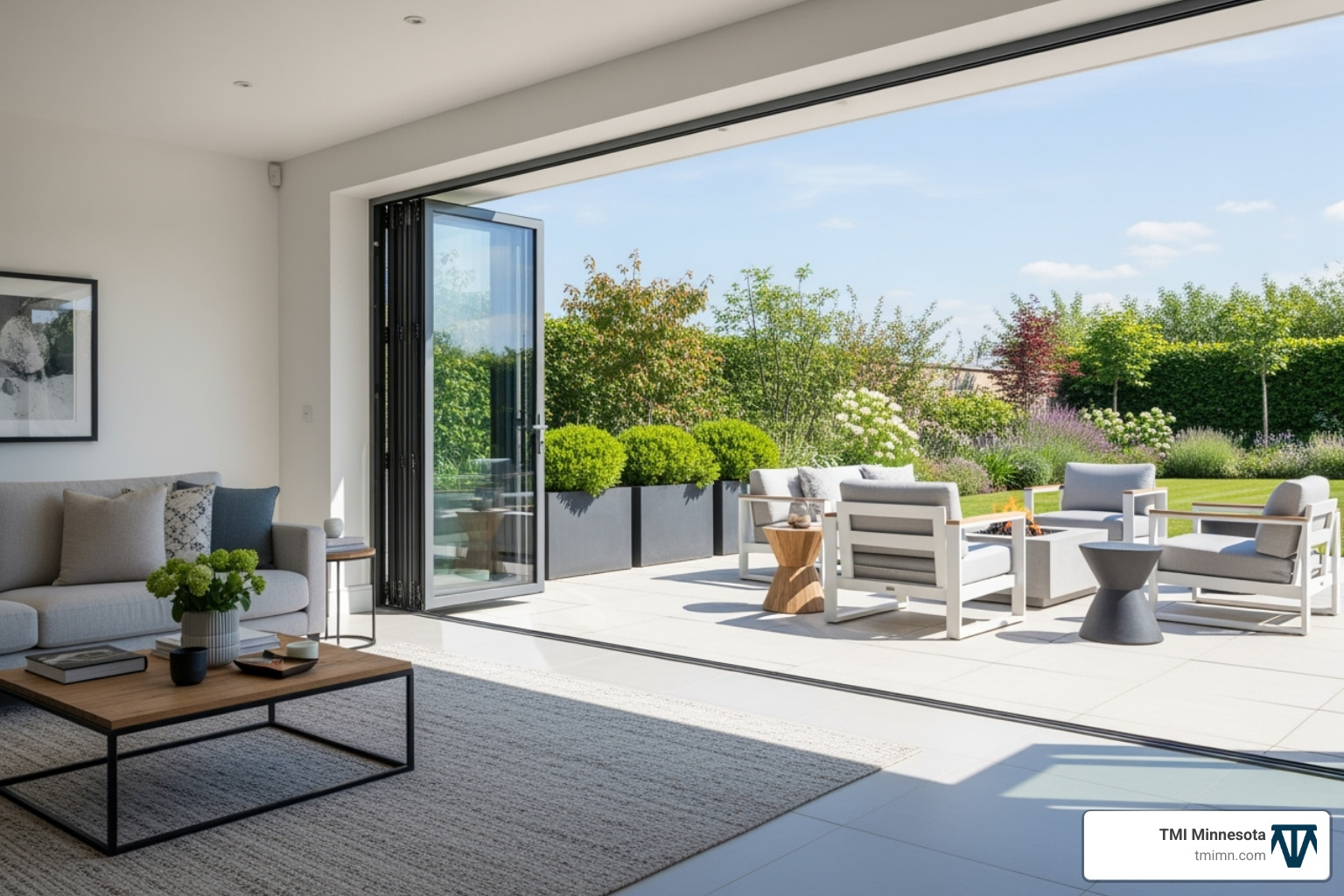 Large glass doors opening from a living room onto a seamless patio, illustrating indoor-outdoor flow. - modern outdoor backyard designs