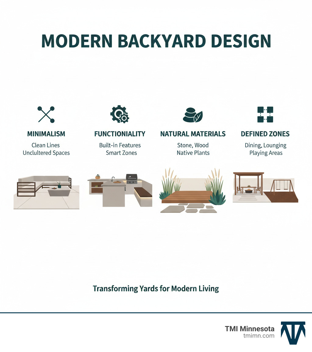 Infographic showing four pillars of modern backyard design: Minimalism (clean lines, uncluttered spaces), Functionality (built-in features, smart zones), Natural Materials (stone, wood, native plants), and Defined Zones (separate areas for dining, lounging, playing) - modern outdoor backyard designs infographic 