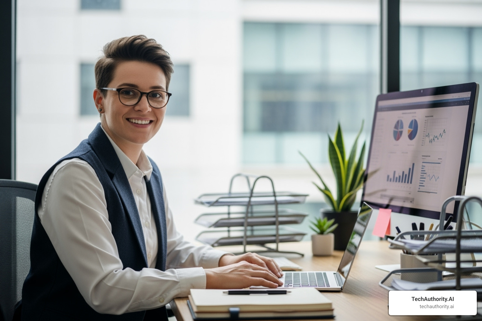 a small business owner looking confident and organized at their desk - human resource management tool kit