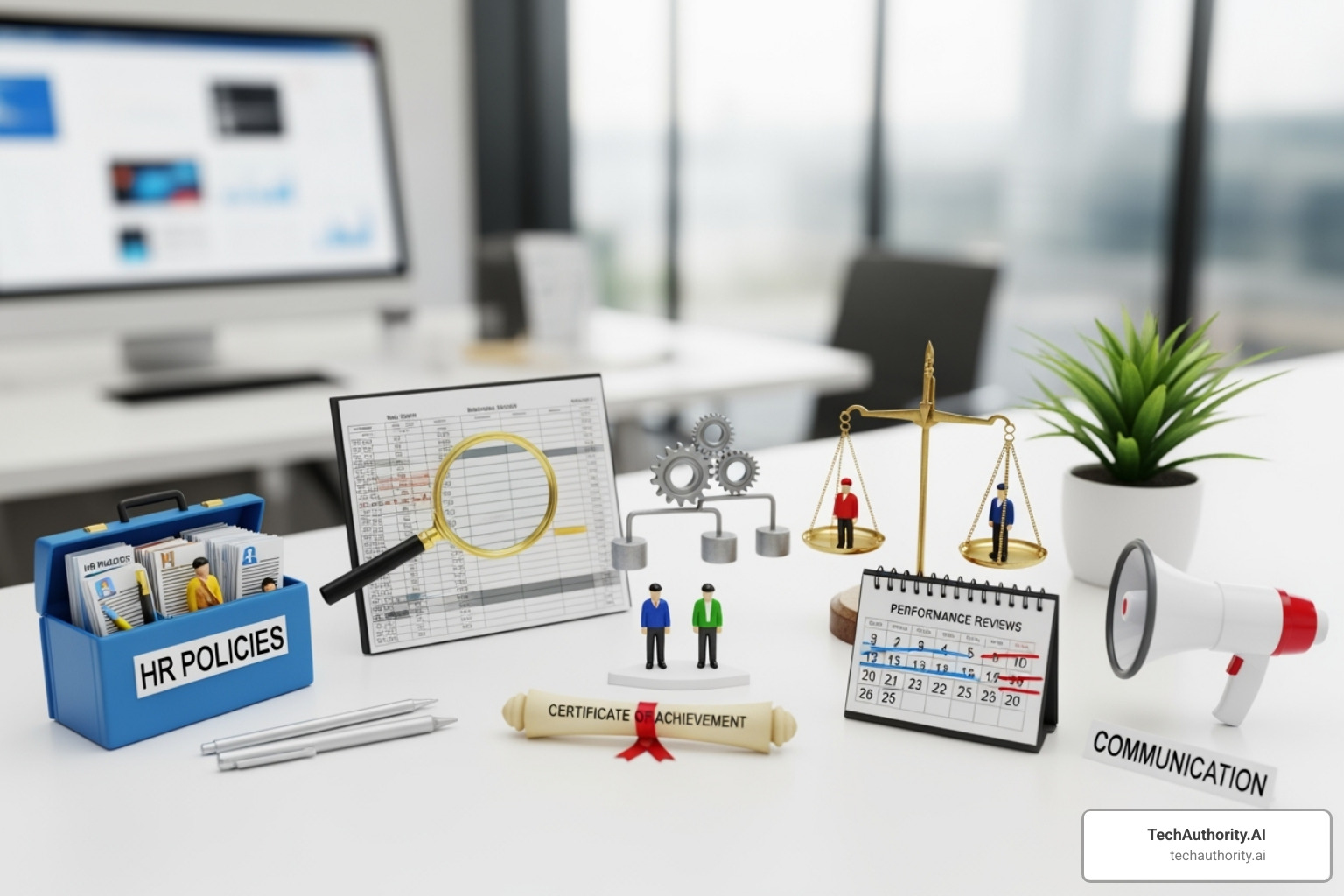 a digital dashboard or a neatly organized folder system labeled with different HR functions - human resource management tool kit