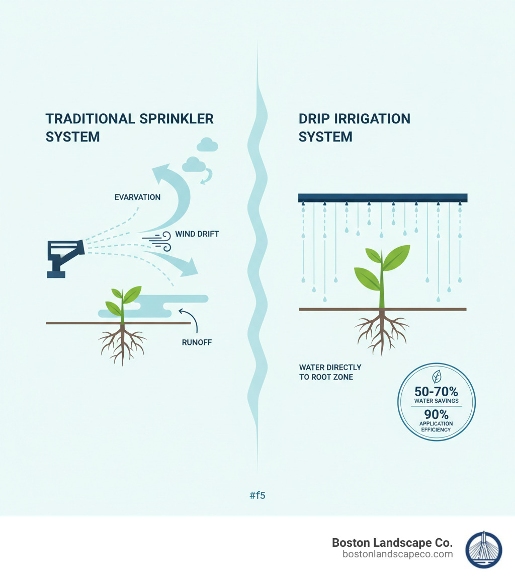 infographic showing water delivery comparison: traditional sprinkler system with arrows indicating evaporation, wind drift, and runoff versus drip irrigation system showing water droplets going directly to plant root zones underground, with statistics showing 50-70% water savings and 90% application efficiency for drip systems - Drip irrigation for landscaping infographic infographic showing water delivery comparison: traditional sprinkler system with arrows indicating evaporation, wind drift, and runoff versus drip irrigation system showing water droplets going directly to plant root zones underground, with statistics showing 50-70% water savings and 90% application efficiency for drip systems - Drip irrigation for landscaping infographic