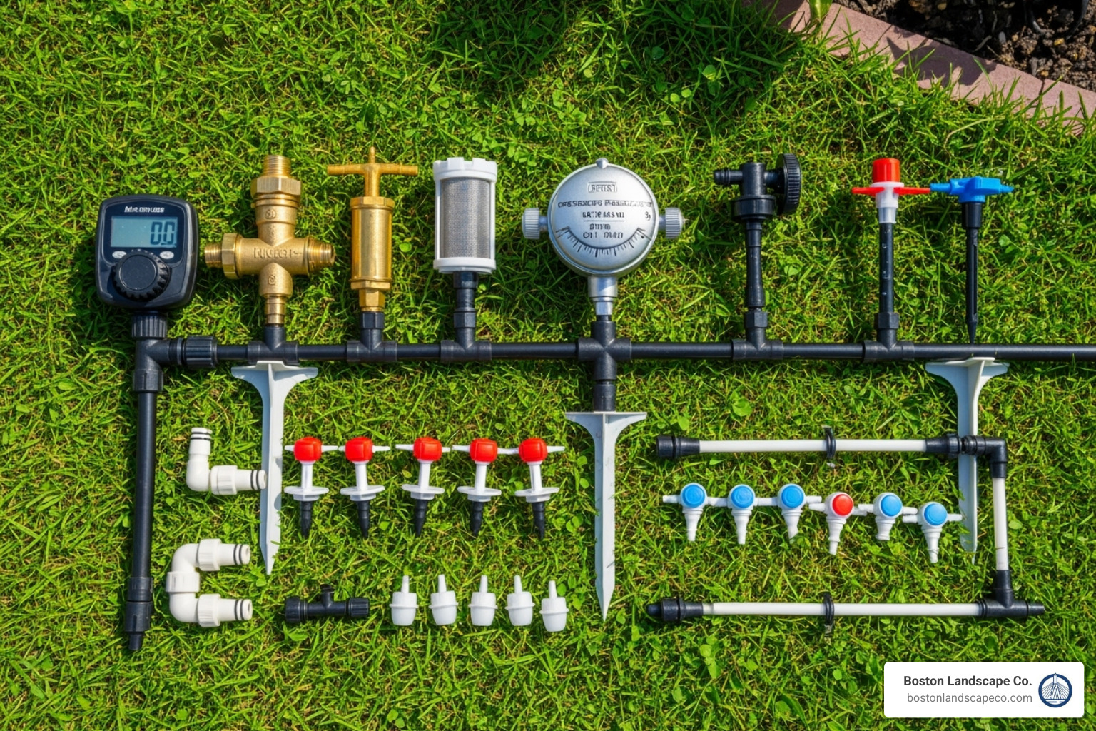 essential drip irrigation components laid out on a lawn: timer, backflow preventer, filter, pressure regulator, tubing, emitters, and stakes - Drip irrigation for landscaping essential drip irrigation components laid out on a lawn: timer, backflow preventer, filter, pressure regulator, tubing, emitters, and stakes - Drip irrigation for landscaping