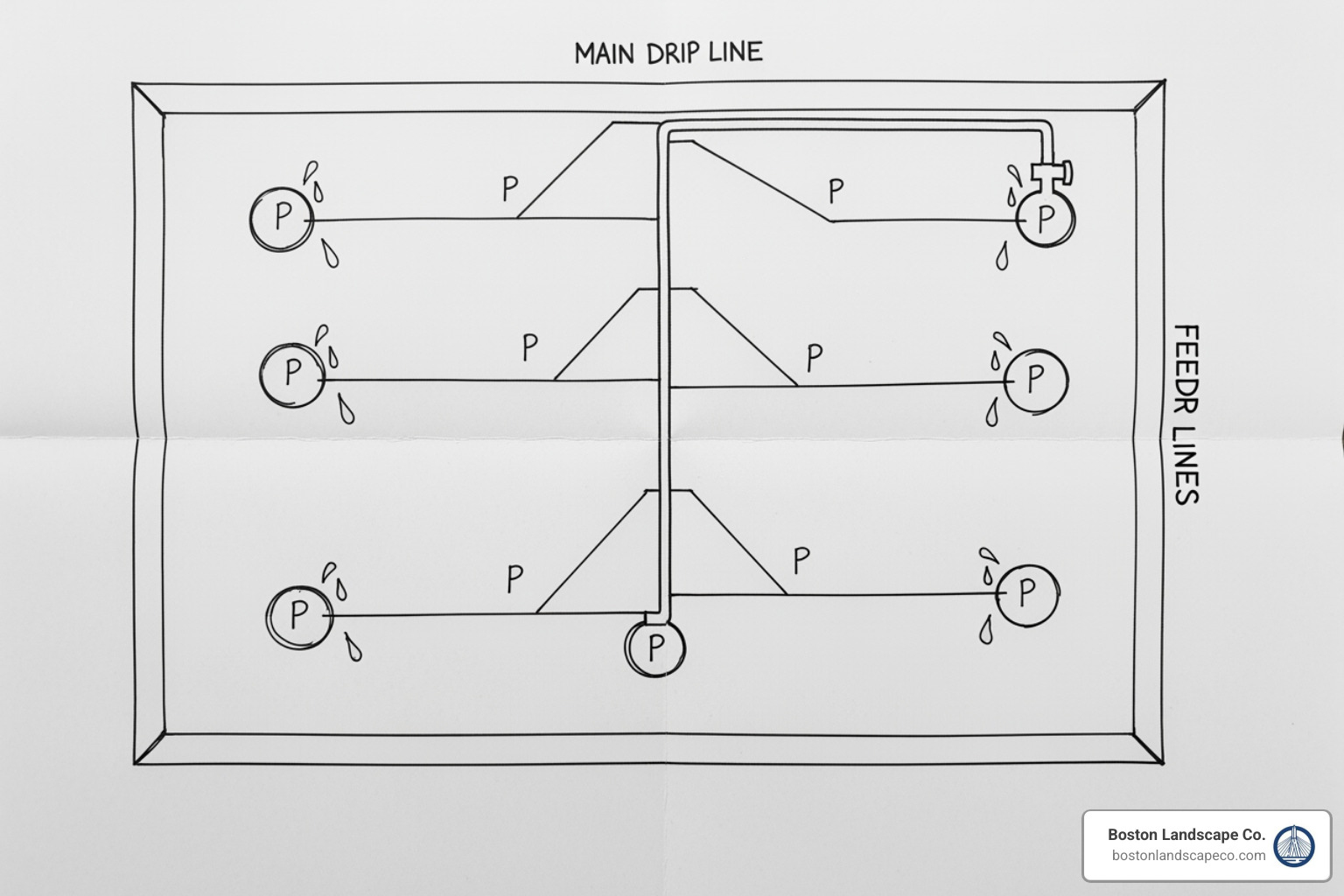 simple, hand-drawn map of a garden bed showing the layout of main lines and feeder lines - Drip irrigation for landscaping simple, hand-drawn map of a garden bed showing the layout of main lines and feeder lines - Drip irrigation for landscaping