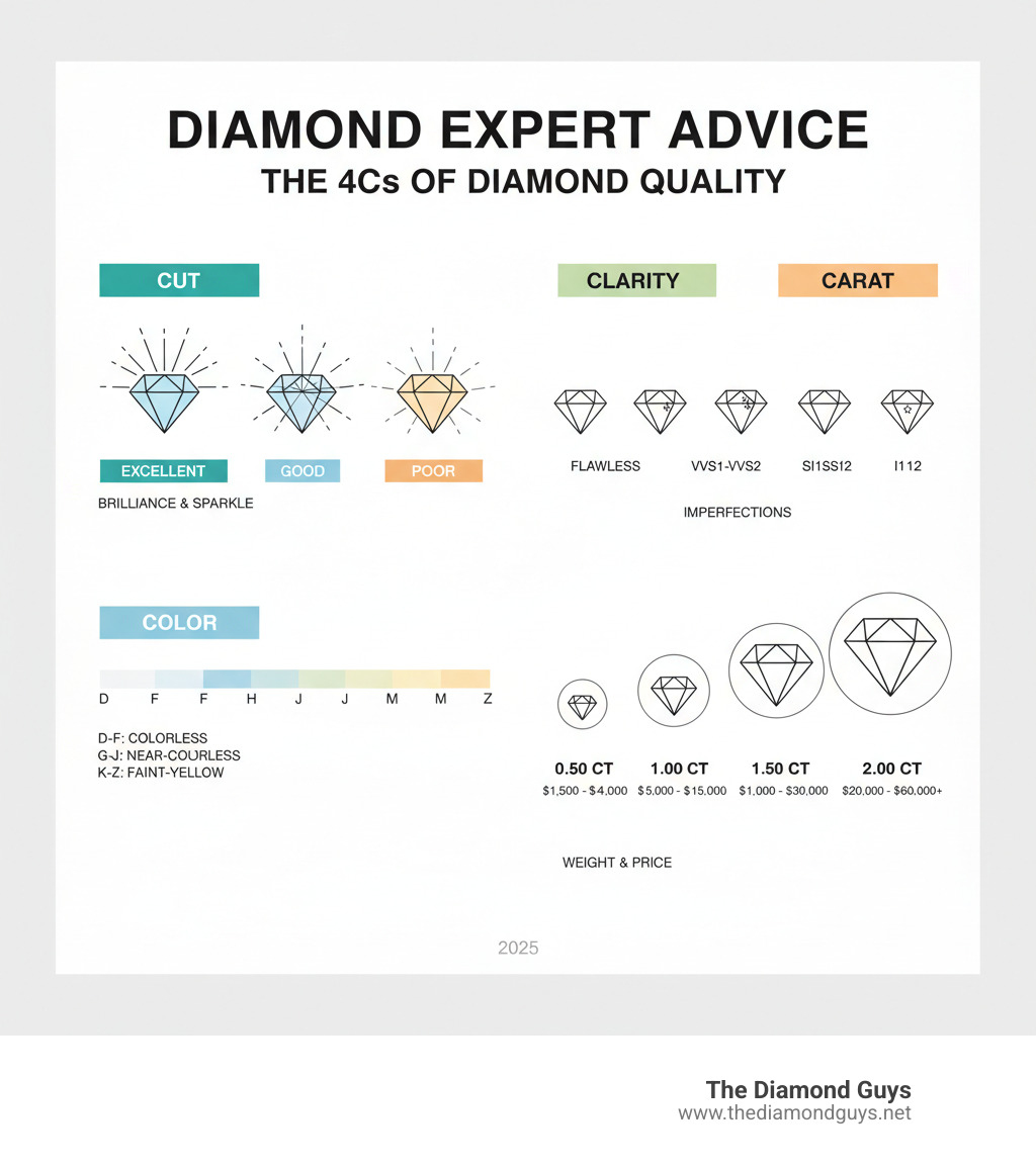 infographic showing the 4Cs of diamond quality with visual examples of cut grades, color scale from D to Z, clarity scale from Flawless to Included, and carat weight comparisons with corresponding price ranges - Diamond expert advice infographic 