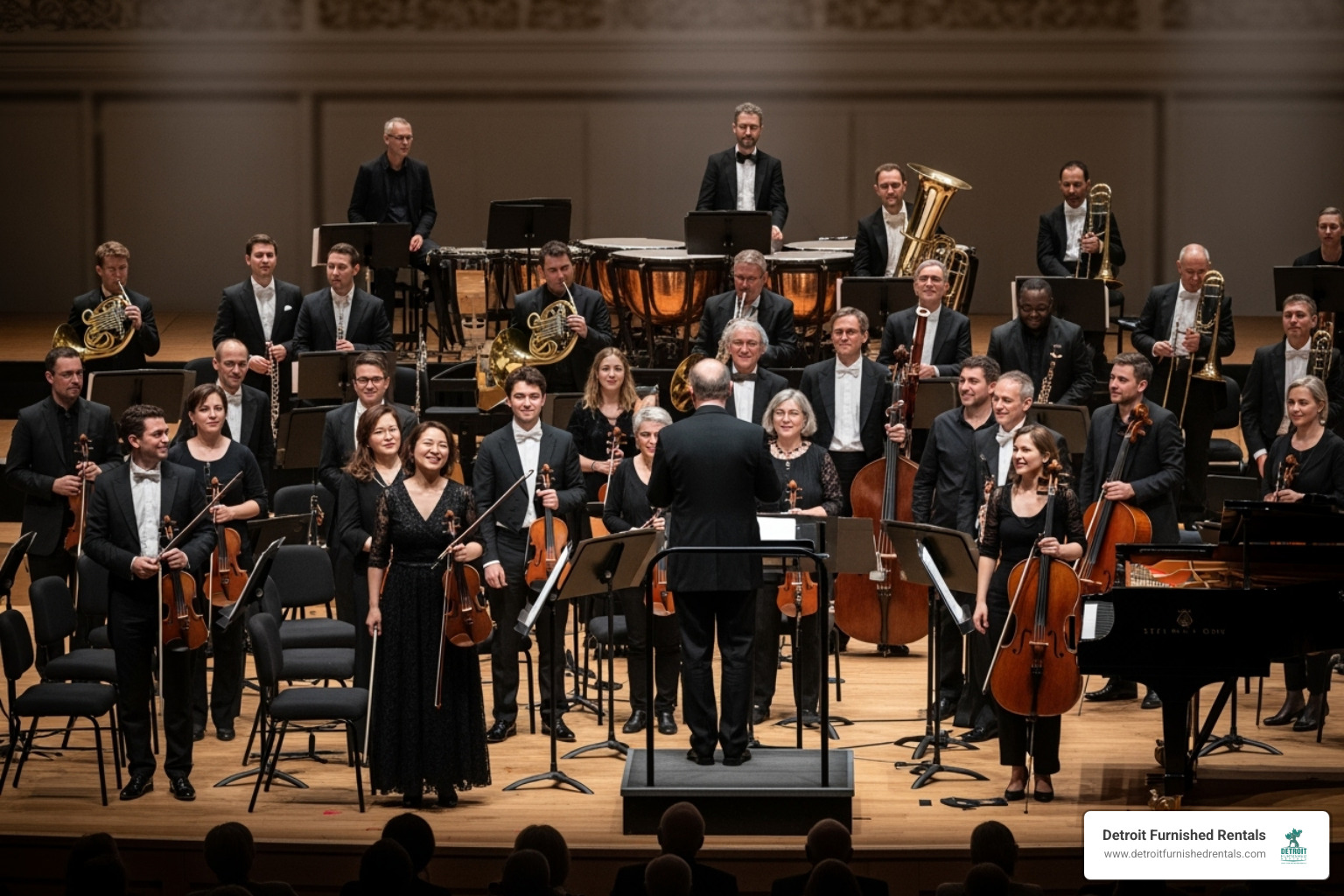 A diverse, modern orchestra with male and female musicians from various backgrounds performing on stage - orchestra