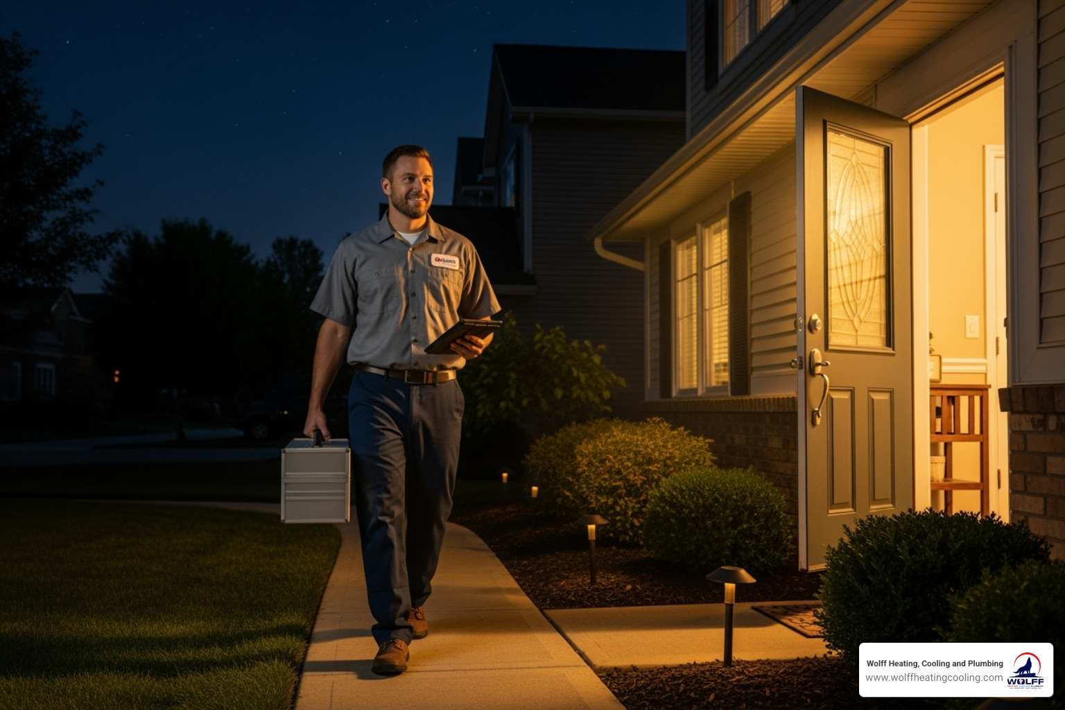 friendly technician arriving at night - emergency heating repair placitas
