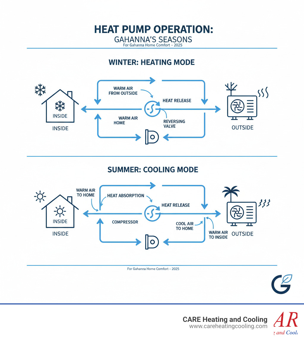 infographic showing heat pump operation in both heating and cooling modes, with arrows indicating heat transfer direction, refrigerant flow, and key components like compressor, coils, and reversing valve for Gahanna's seasonal needs - heat pump service gahanna infographic infographic showing heat pump operation in both heating and cooling modes, with arrows indicating heat transfer direction, refrigerant flow, and key components like compressor, coils, and reversing valve for Gahanna's seasonal needs - heat pump service gahanna infographic