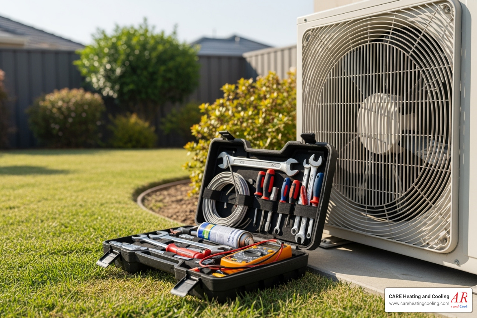 technician's toolkit next to a heat pump unit - heat pump service gahanna technician's toolkit next to a heat pump unit - heat pump service gahanna