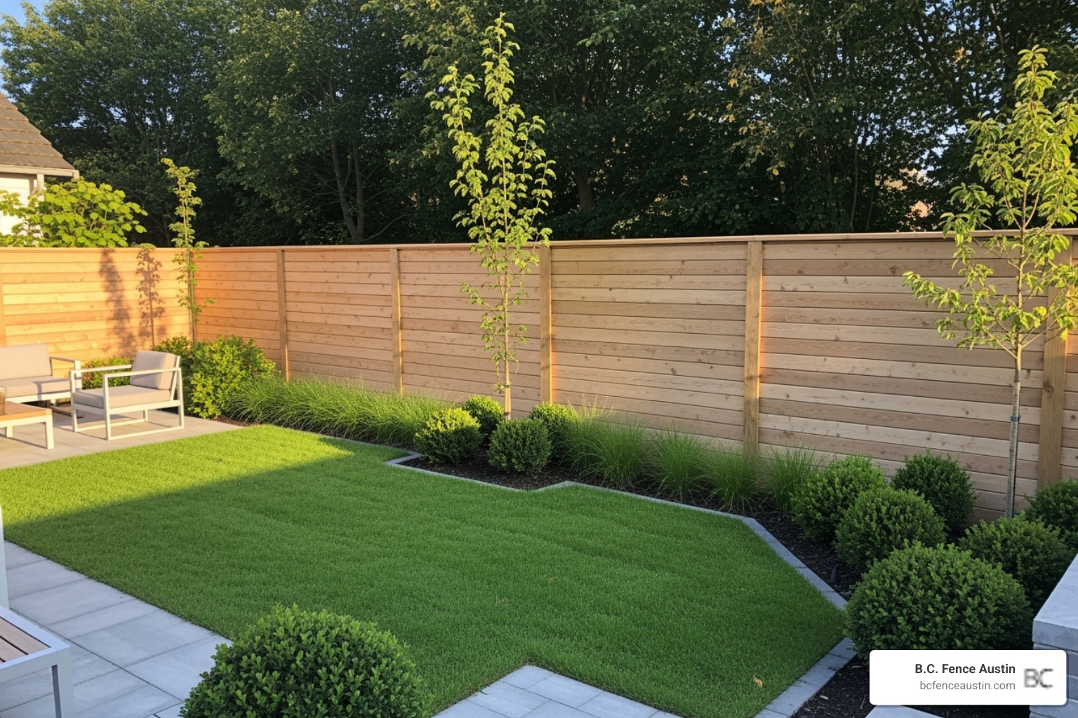 modern horizontal wood fence in landscaped backyard - wood fence ideas