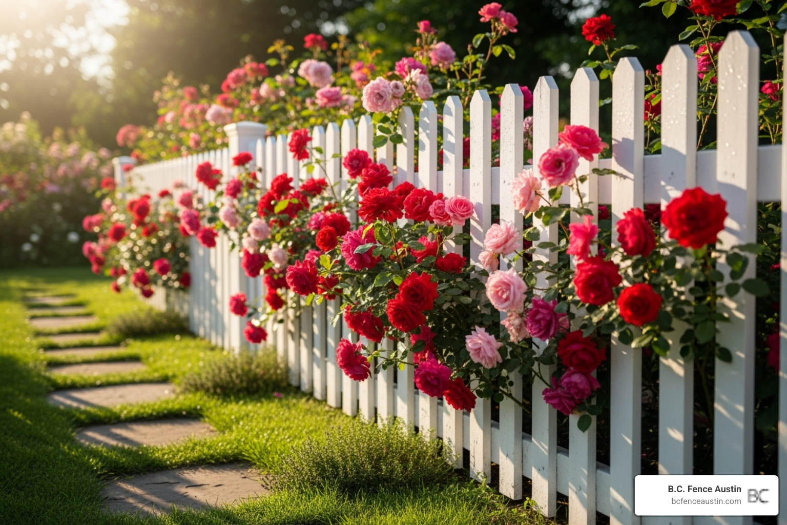 classic white picket fence with roses - wood fence ideas