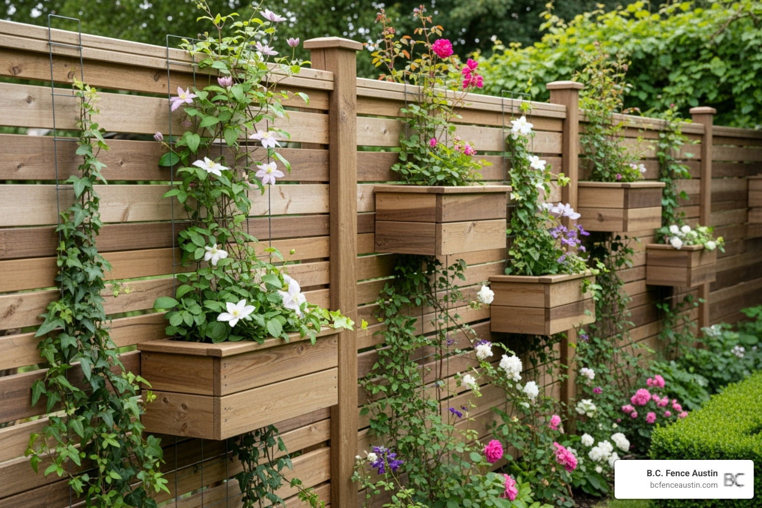 wood fence with integrated planter boxes and climbing plants - wood fence ideas