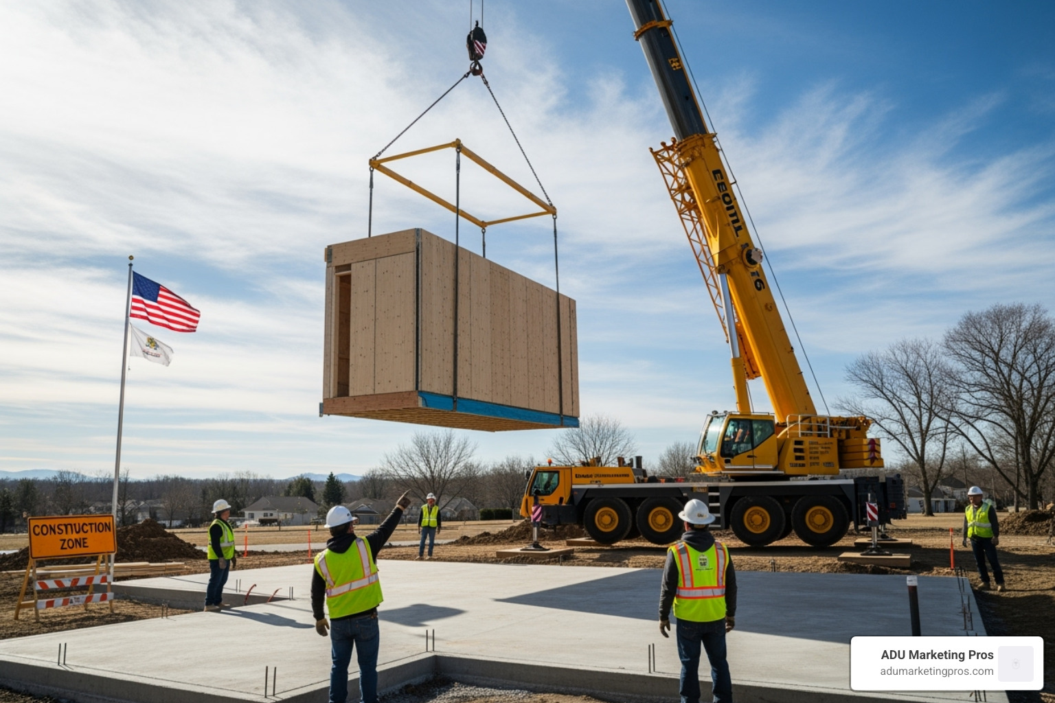 prefab module being craned - 600 sq ft prefab home