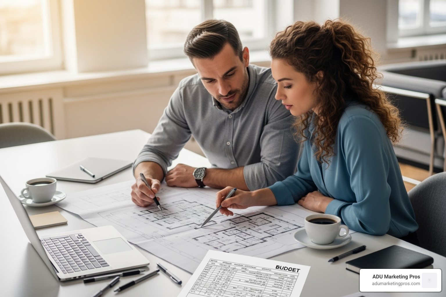 couple reviewing floor plans and budget sheet - 600 sq ft prefab home