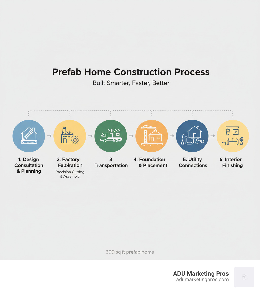 infographic showing the prefab construction process from initial design consultation through factory fabrication with precision cutting and assembly, transportation of completed modules, crane placement on prepared foundation, utility connections, and final interior finishing touches - 600 sq ft prefab home infographic 