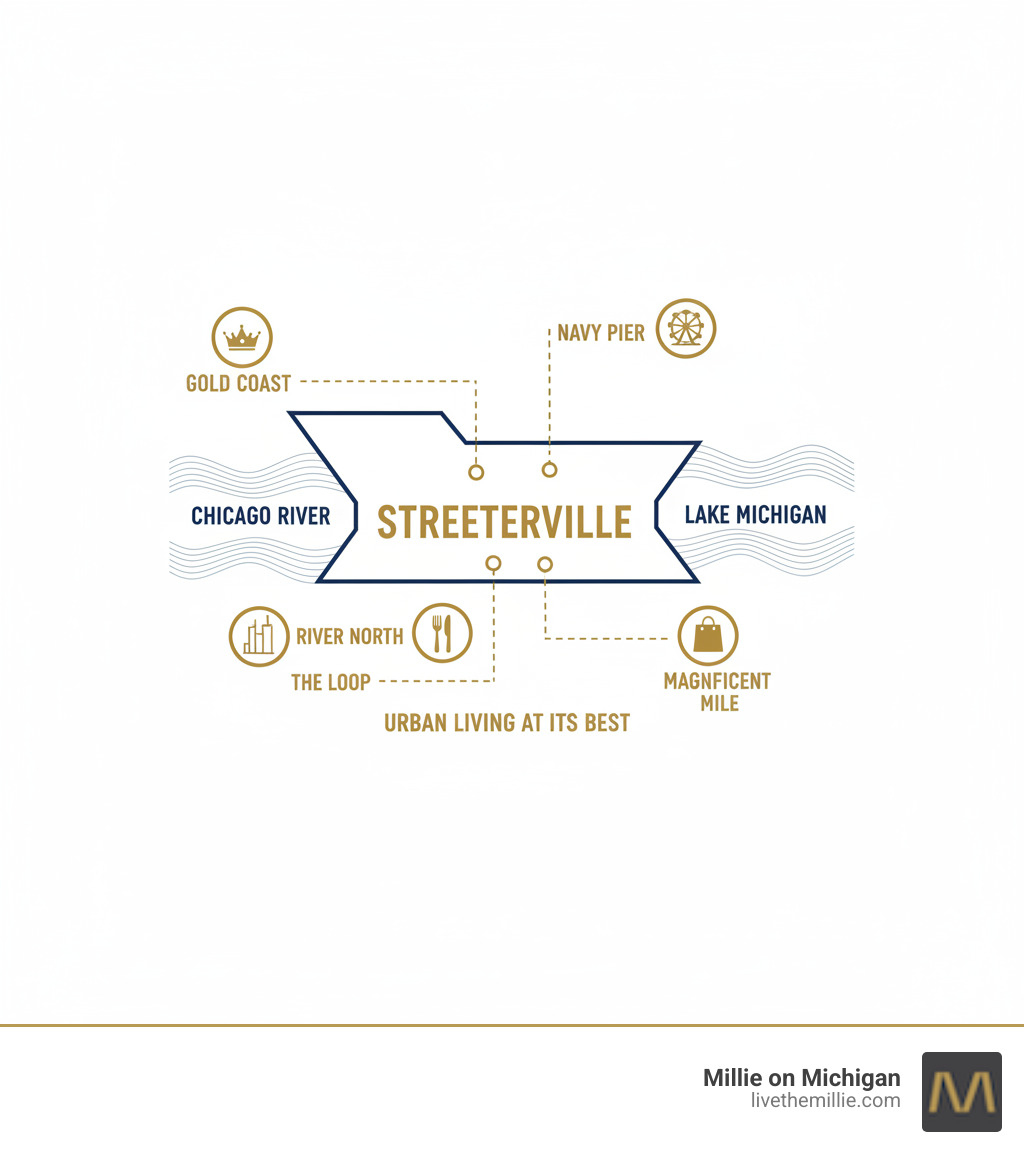 Infographic showing Streeterville's location between Lake Michigan and the Chicago River, with proximity markers to the Magnificent Mile, Navy Pier, The Loop, River North, and Gold Coast neighborhoods - studio apartments streeterville infographic 