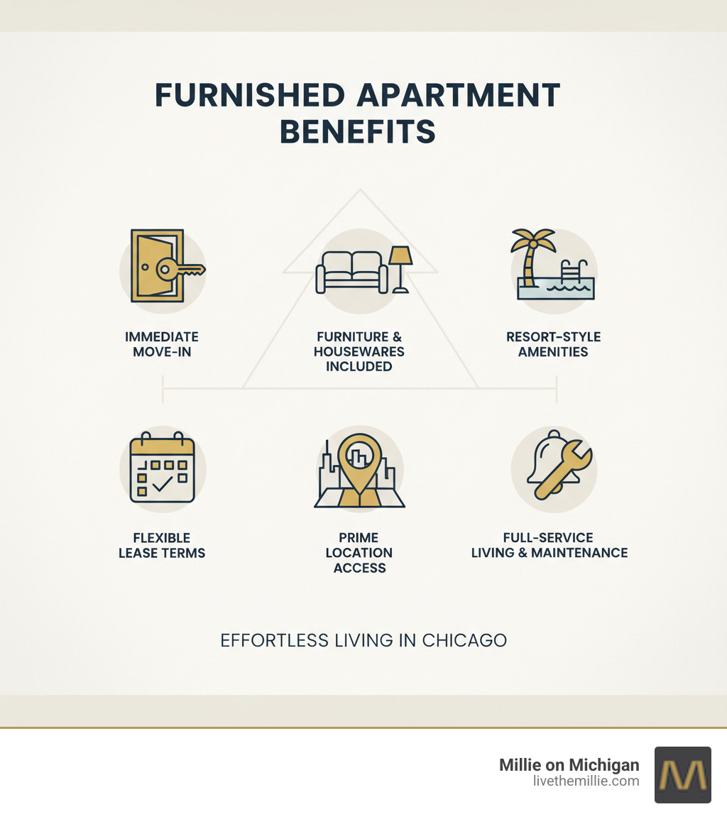 Infographic showing furnished apartment benefits including immediate move-in readiness, included furniture and housewares, resort-style amenities, flexible lease terms, prime location access, and full-service living with concierge and maintenance - furnished apartments magnificent mile infographic 