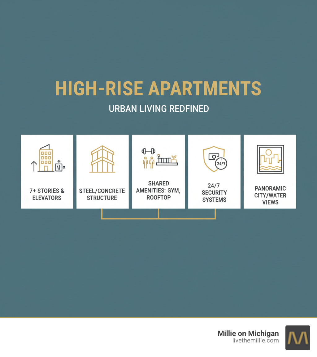 Infographic showing the defining characteristics of high-rise apartments: buildings typically 7+ stories tall with elevator systems, constructed with steel or reinforced concrete frameworks, featuring shared amenities like fitness centers and rooftop decks, equipped with 24/7 security systems, and offering panoramic city or water views from upper floors - high rise apartments near me infographic Infographic showing the defining characteristics of high-rise apartments: buildings typically 7+ stories tall with elevator systems, constructed with steel or reinforced concrete frameworks, featuring shared amenities like fitness centers and rooftop decks, equipped with 24/7 security systems, and offering panoramic city or water views from upper floors - high rise apartments near me infographic