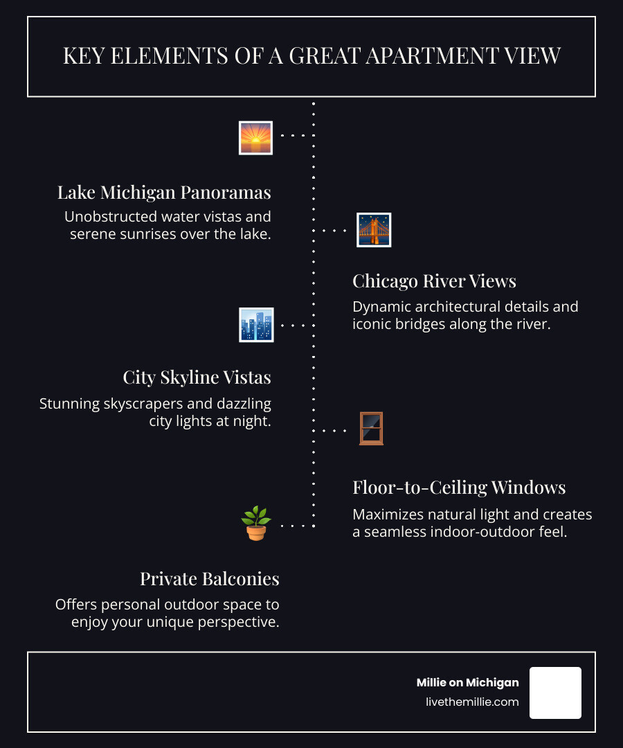 Infographic showing essential elements of desirable apartment views including unobstructed sightlines, water features like Lake Michigan, architectural interest from city buildings, floor height considerations, natural light exposure throughout the day, and outdoor access through balconies or terraces - Apartments with great views infographic infographic-line-5-steps-dark Infographic showing essential elements of desirable apartment views including unobstructed sightlines, water features like Lake Michigan, architectural interest from city buildings, floor height considerations, natural light exposure throughout the day, and outdoor access through balconies or terraces - Apartments with great views infographic infographic-line-5-steps-dark