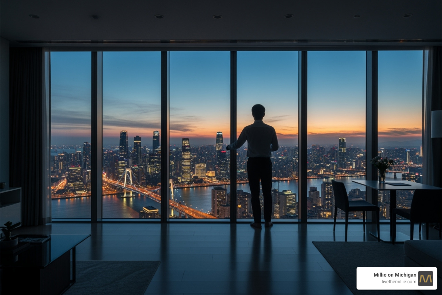 Person looking out a floor-to-ceiling window at the city below - Apartments with city views Person looking out a floor-to-ceiling window at the city below - Apartments with city views