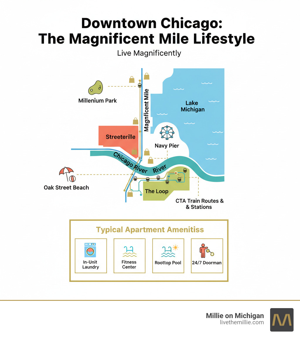 Infographic showing map of Downtown Chicago with key features: Magnificent Mile corridor along Michigan Avenue, surrounding neighborhoods including Streeterville and The Loop, proximity to Lake Michigan and Chicago River, major landmarks including Millennium Park, Navy Pier, and Oak Street Beach, CTA train stations and transit routes, and typical apartment amenities in the area - apartments magnificent mile infographic Infographic showing map of Downtown Chicago with key features: Magnificent Mile corridor along Michigan Avenue, surrounding neighborhoods including Streeterville and The Loop, proximity to Lake Michigan and Chicago River, major landmarks including Millennium Park, Navy Pier, and Oak Street Beach, CTA train stations and transit routes, and typical apartment amenities in the area - apartments magnificent mile infographic