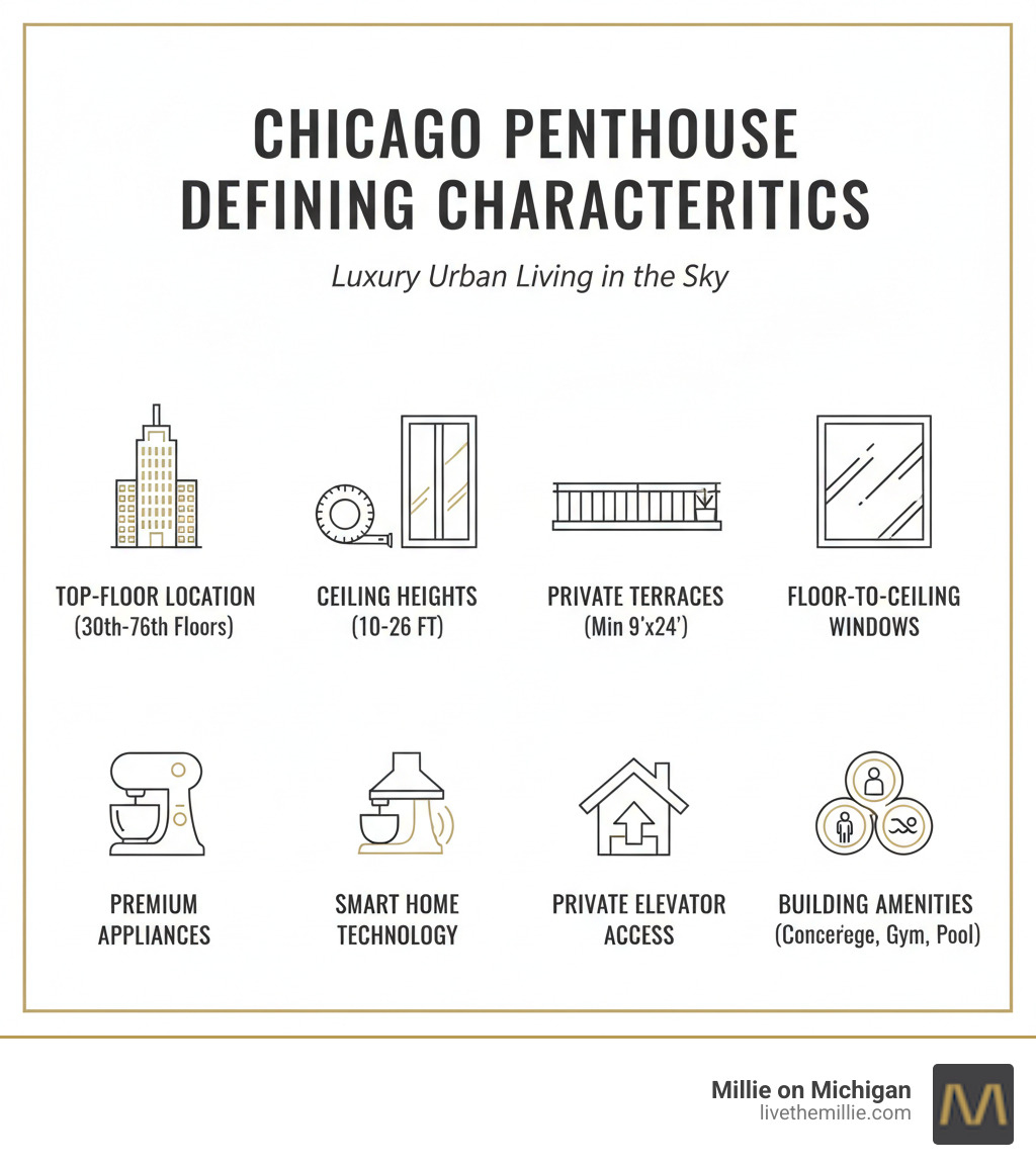 Infographic showing the defining characteristics of Chicago penthouses: top-floor location (typically 30th-76th floor), ceiling heights of 10-26 feet, private outdoor terraces (minimum 9'x24'), floor-to-ceiling windows, premium appliances (Sub-Zero, Wolf, Gaggenau), smart home technology, private elevator access, and building amenities including 24-hour concierge, fitness centers, and pools - penthouses in chicago infographic 
