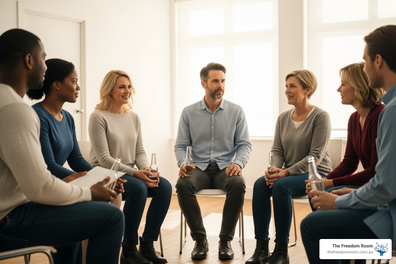 A group of diverse individuals participating in a supportive group therapy session, fostering connection and shared understanding - alcohol rehabilitation brisbane
