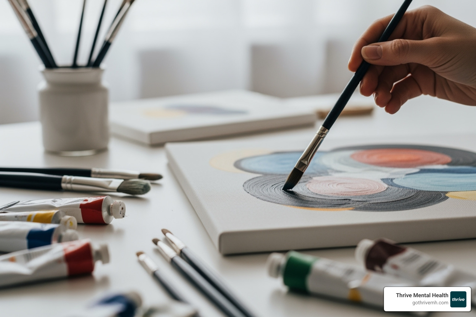 Abstract painting, brushes, and paints—art therapy in action - "Where can I find a therapy group in Los Angeles that uses art therapy painting activities?"