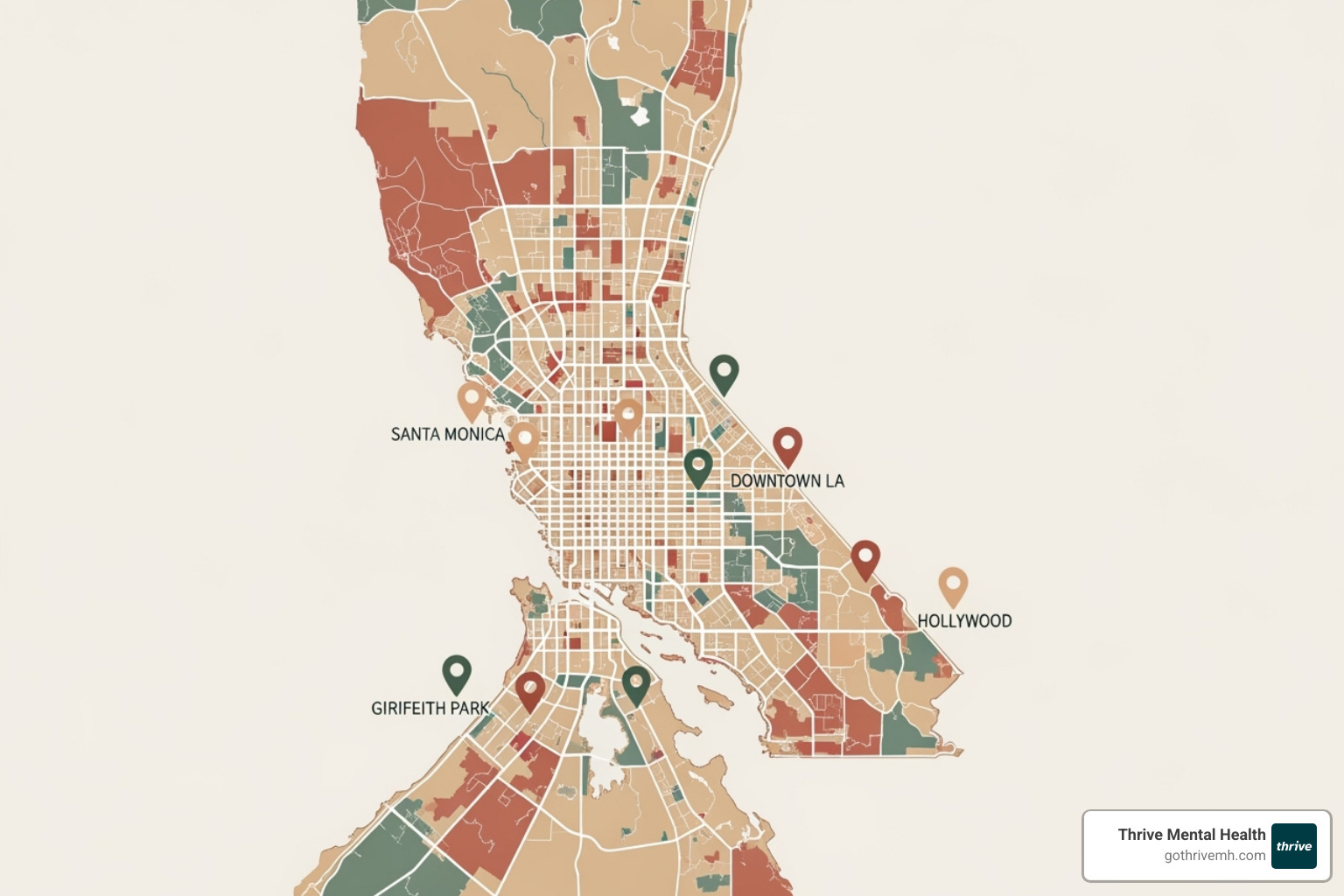 Map of Los Angeles with pins for art therapy group locations - "Where can I find a therapy group in Los Angeles that uses art therapy painting activities?"
