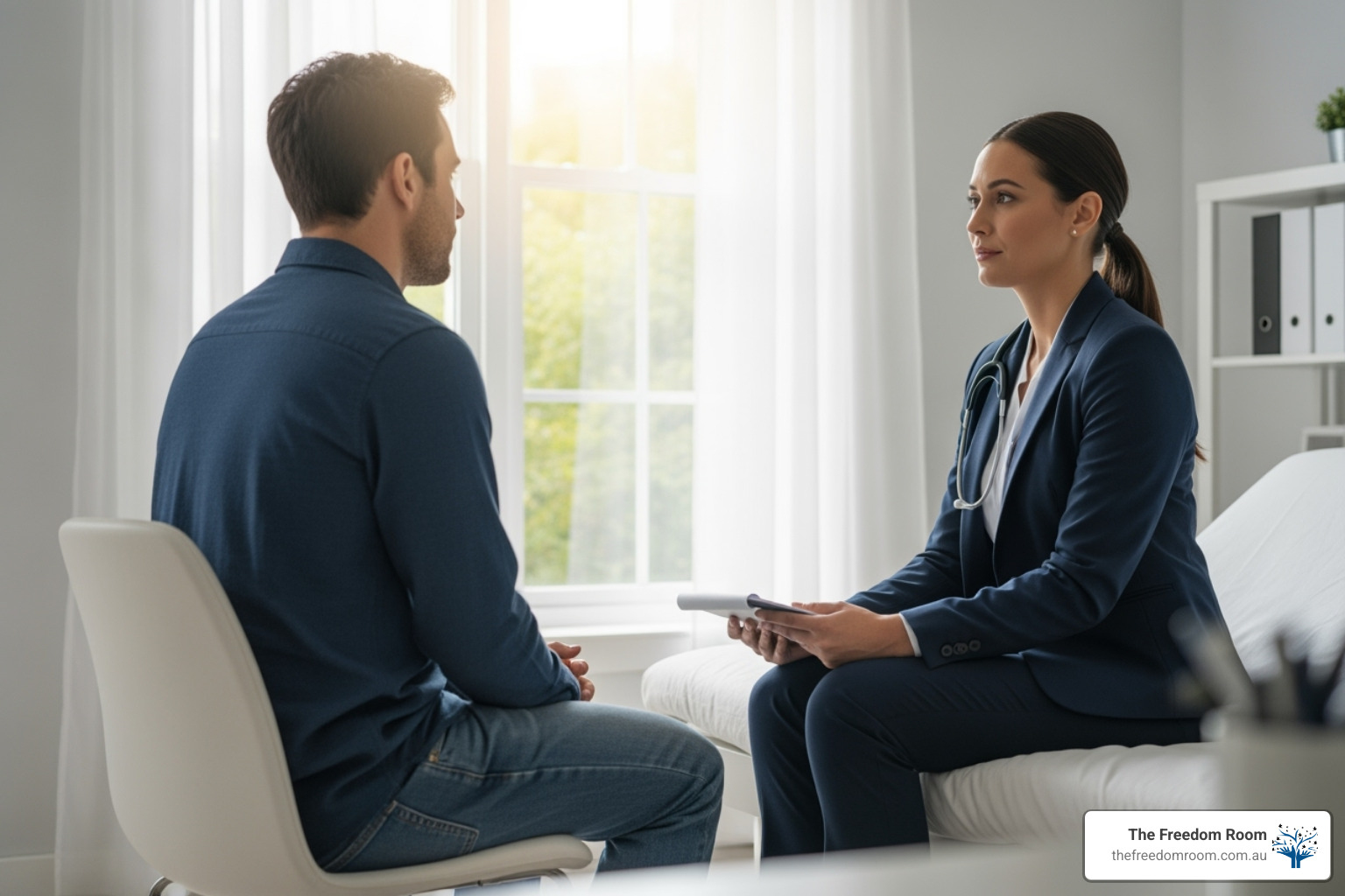 A female therapist in a suit consults a male patient in a bright North Brisbane clinic room about personalised addiction treatment in North Brisbane.