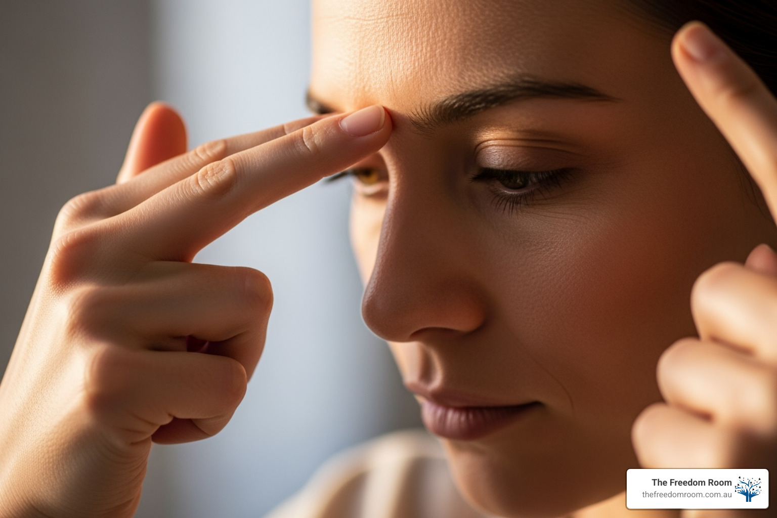 Close-up of a person performing a mindful, therapeutic tapping exercise, highlighting effective self-care practices.