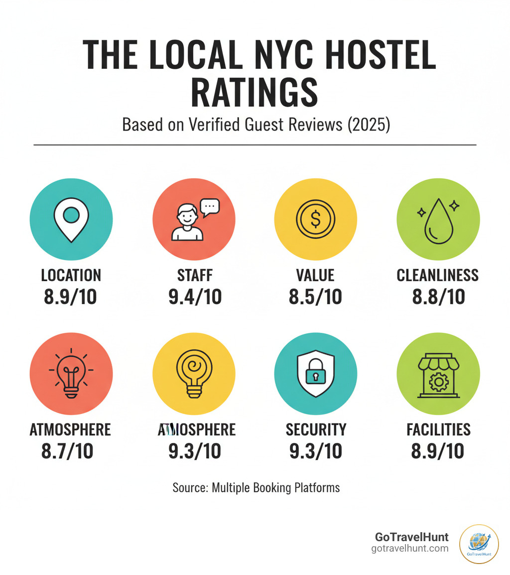 Infographic showing The Local NYC Hostel's key performance ratings: Location 8.9/10, Staff 9.4/10, Value for Money 8.5/10, Cleanliness 8.8/10, Atmosphere 8.7/10, Security 9.3/10, and Facilities 8.9/10, based on verified guest reviews from multiple booking platforms - the local nyc hostel infographic 