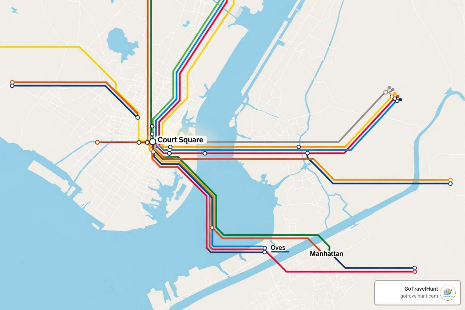 a subway map showing the Court Square station and its proximity to Manhattan - the local nyc hostel