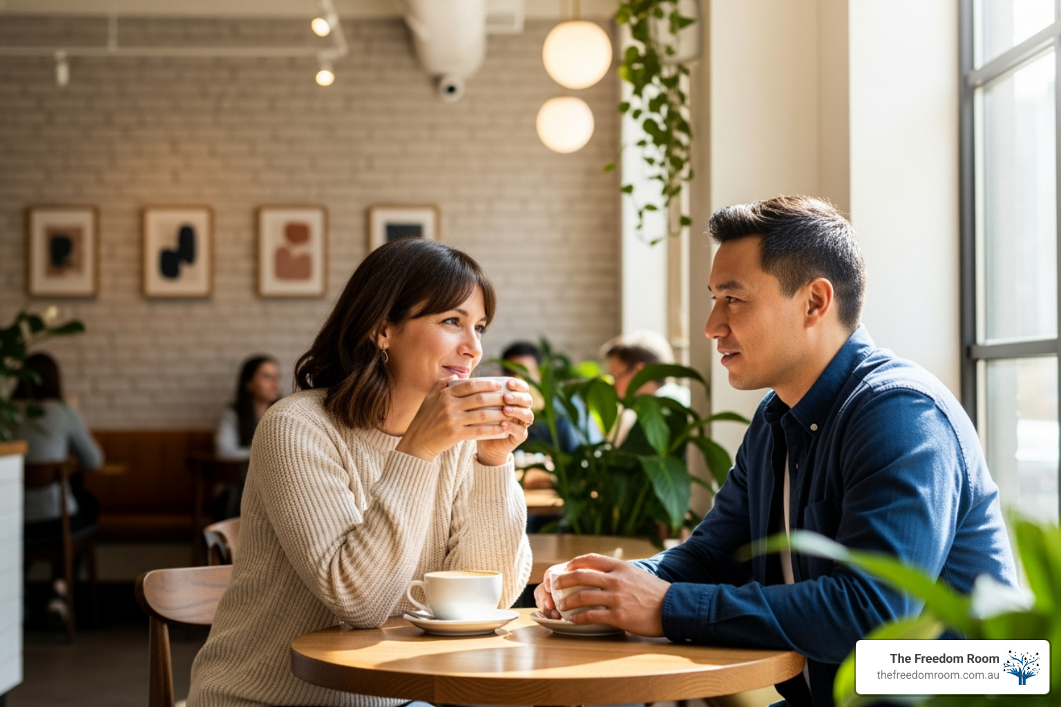 Two people engaged in a supportive conversation over coffee in a bright, modern cafe setting - Post-rehab support in Albany Creek