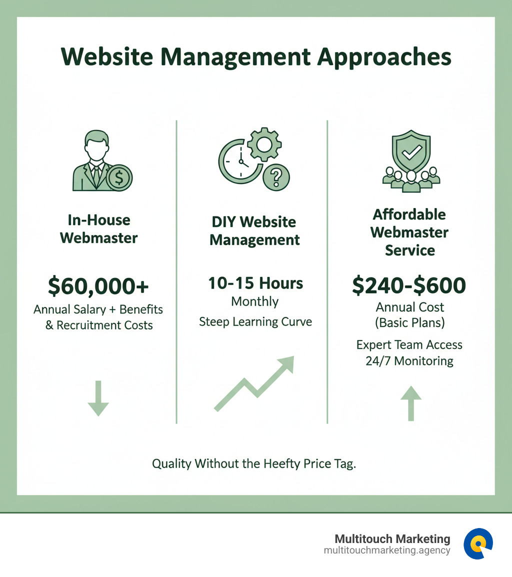 Infographic comparing three website management approaches: In-House Webmaster showing $60,000+ annual salary plus benefits and recruitment costs; DIY Website Management showing time investment of 10-15 hours monthly and steep learning curve; Affordable Webmaster Service showing $240-$600 annual cost for basic plans, expert team access, and 24/7 monitoring - Affordable webmaster services infographic 