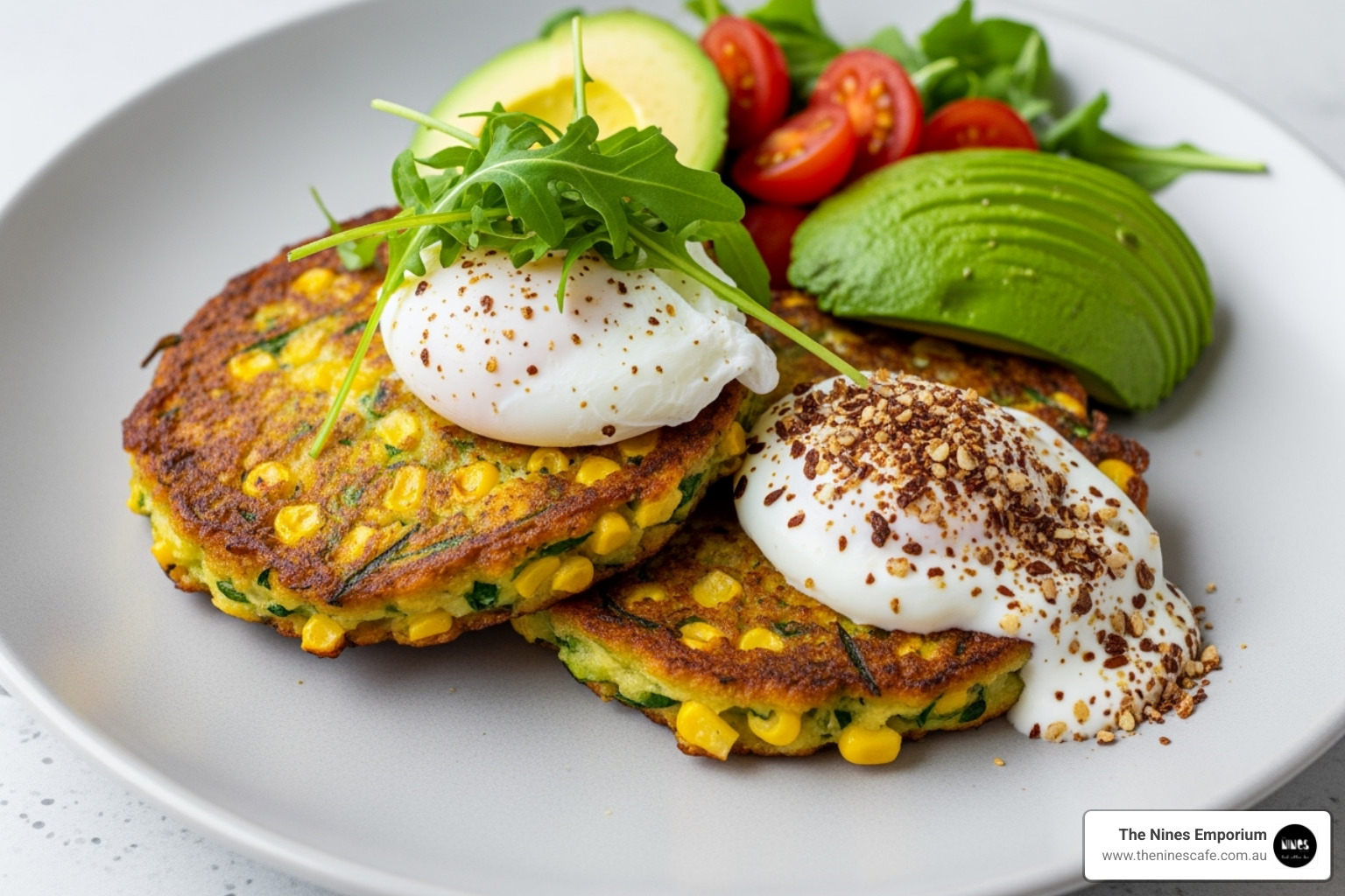 Corn Fritters with poached egg and salad - Lunch spots Sunshine Coast