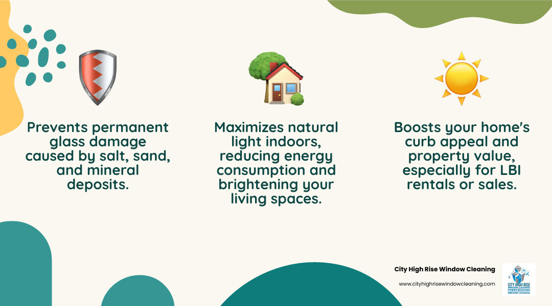 Infographic showing three key benefits of professional window cleaning on Long Beach Island: 1. Prevents permanent glass damage from salt and sand buildup, 2. Boosts curb appeal and property value for resale or rental, 3. Maximizes natural light and reduces energy costs year-round - window cleaning long beach island infographic 3_facts_emoji_nature Infographic showing three key benefits of professional window cleaning on Long Beach Island: 1. Prevents permanent glass damage from salt and sand buildup, 2. Boosts curb appeal and property value for resale or rental, 3. Maximizes natural light and reduces energy costs year-round - window cleaning long beach island infographic 3_facts_emoji_nature