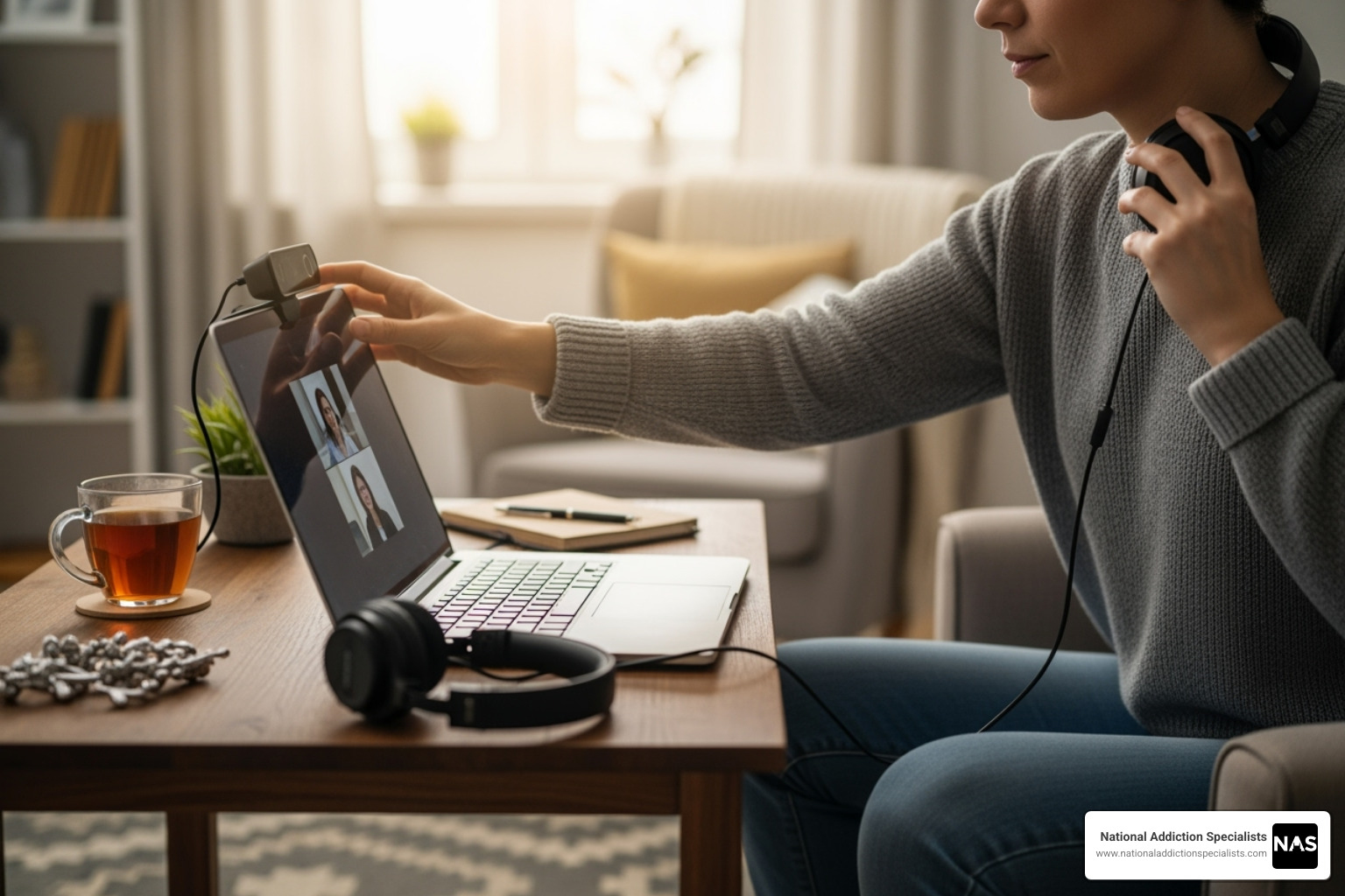 person setting up a private space for online therapy - Online therapy Virginia