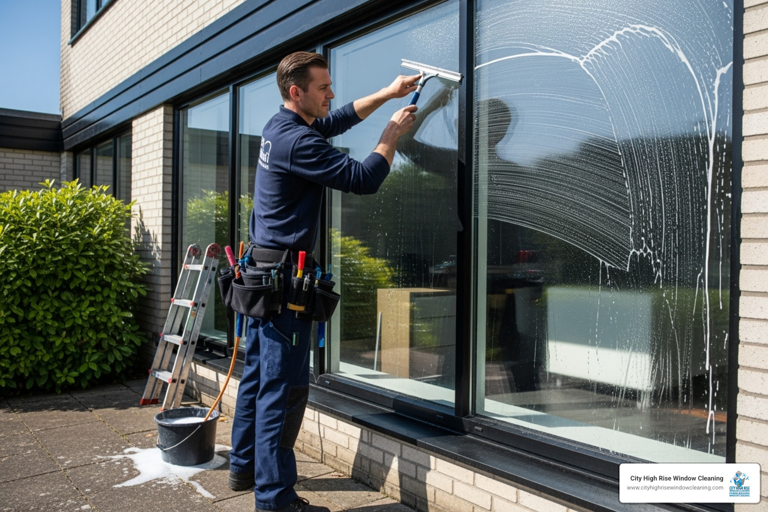 Uniformed pro using squeegee on large window. Alt text: professional window cleaning long beach island. - window cleaning long beach island Uniformed pro using squeegee on large window. Alt text: professional window cleaning long beach island. - window cleaning long beach island