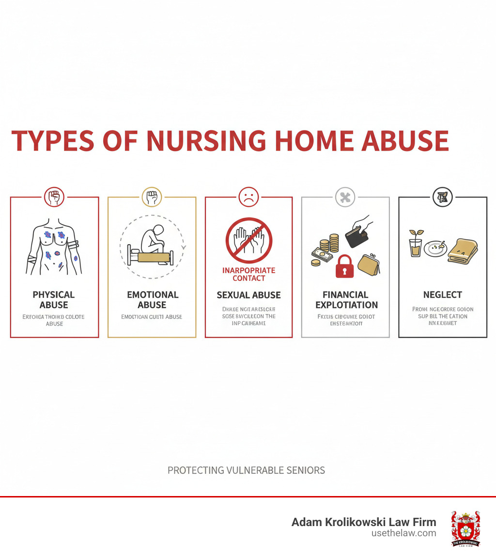 infographic showing five main types of nursing home abuse: physical abuse depicted with bruises and injuries, emotional abuse shown with isolated resident, sexual abuse illustrated with inappropriate contact warning, financial exploitation represented by stolen valuables and money, and neglect shown through unmet basic needs like food, water, and hygiene - nursing home abuse infographic infographic showing five main types of nursing home abuse: physical abuse depicted with bruises and injuries, emotional abuse shown with isolated resident, sexual abuse illustrated with inappropriate contact warning, financial exploitation represented by stolen valuables and money, and neglect shown through unmet basic needs like food, water, and hygiene - nursing home abuse infographic