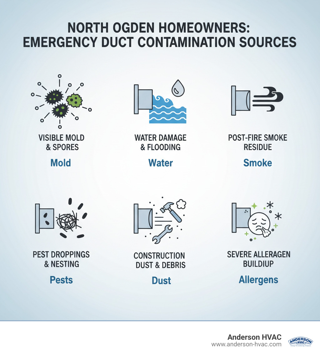 Infographic showing common sources of emergency duct contamination including visible mold growth with spores, water damage and flooding, post-fire smoke residue, pest droppings and nesting materials, construction dust and debris, and severe allergen buildup, with each source illustrated and labeled for North Ogden homeowners - 24 hour duct cleaning service in north ogden, ut infographic