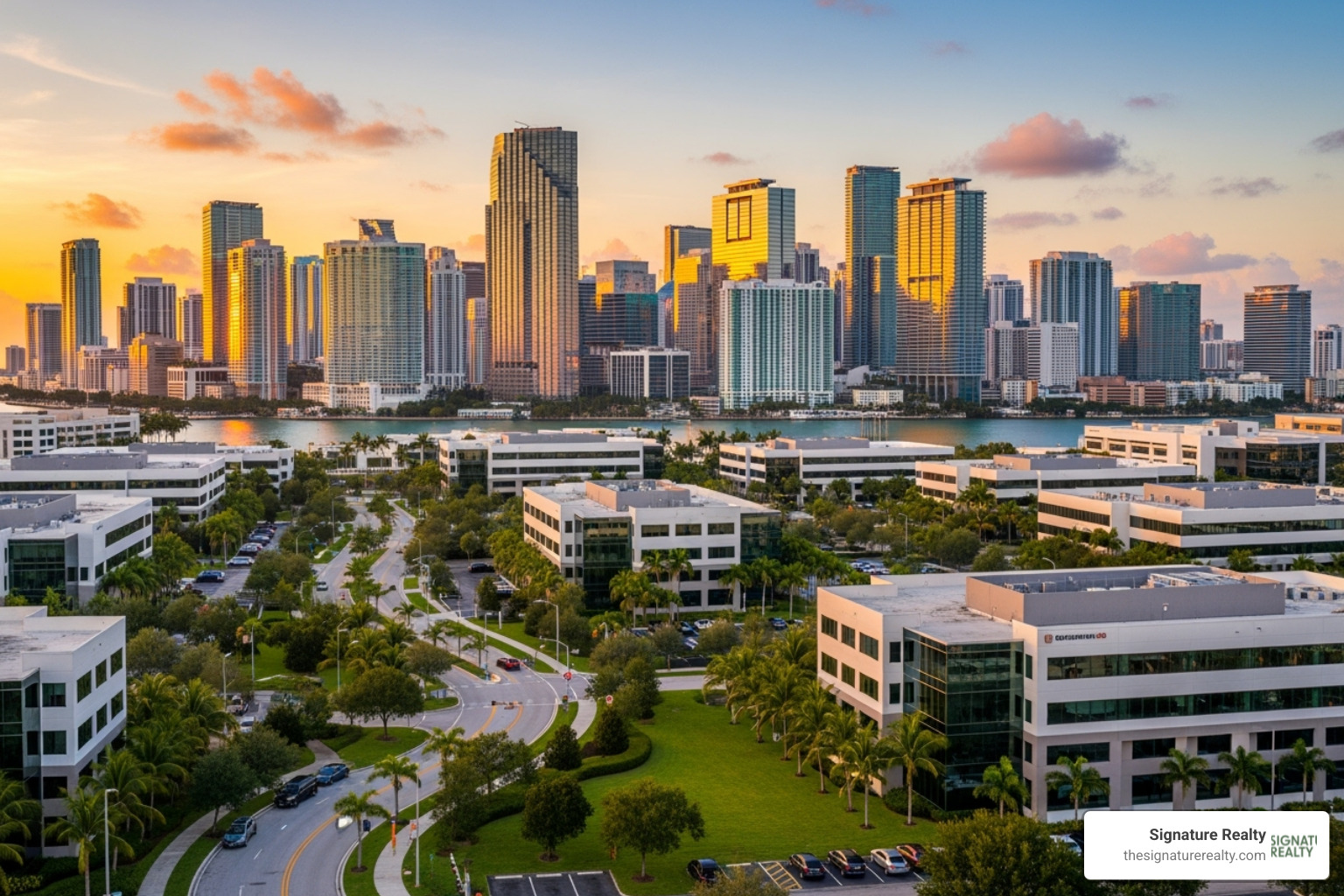 Miami skyline with less dense, suburban office buildings in the foreground, indicating more affordable areas - affordable office space miami Miami skyline with less dense, suburban office buildings in the foreground, indicating more affordable areas - affordable office space miami