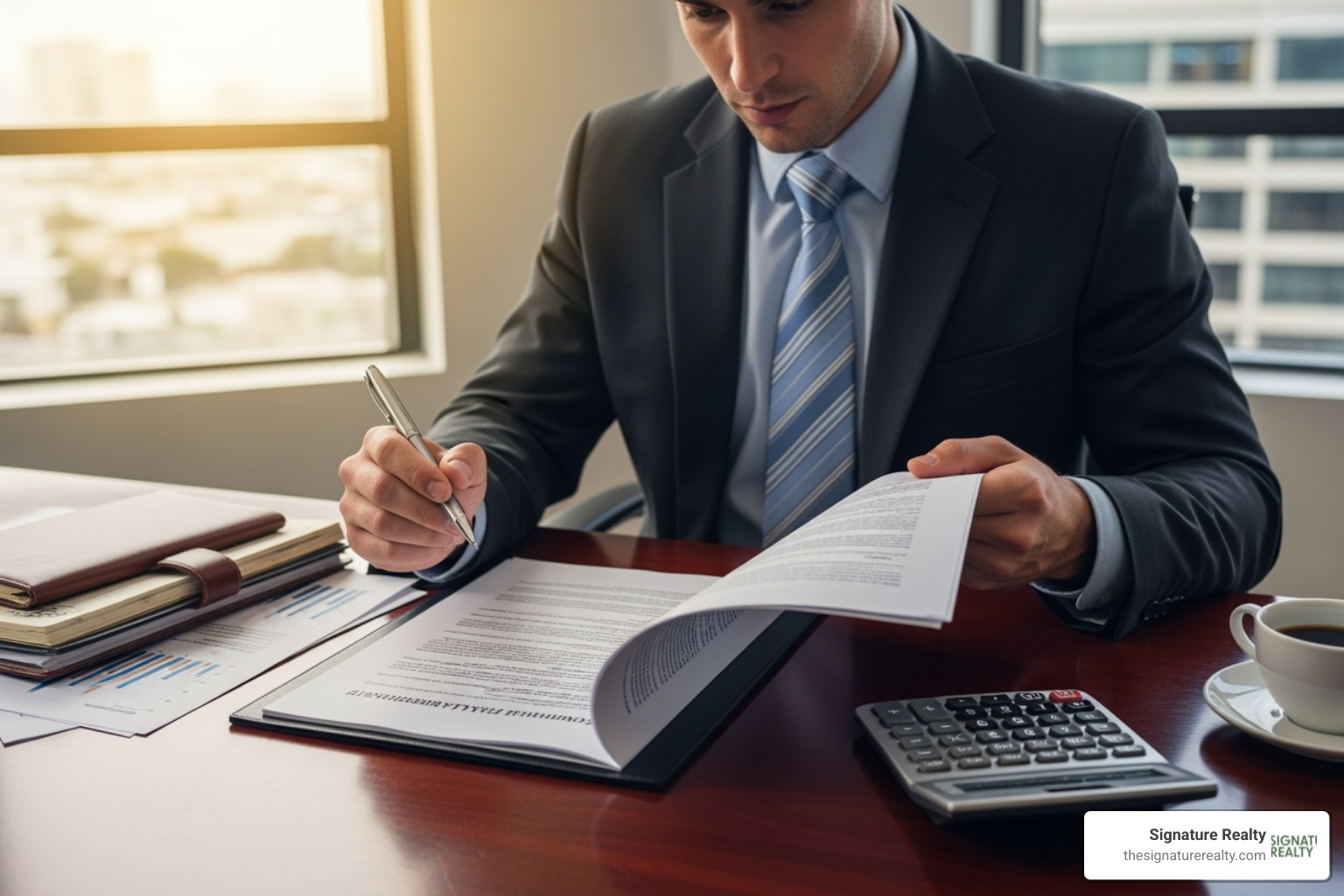 Business professional carefully reviewing a commercial lease agreement document with a pen and calculator - affordable office space miami Business professional carefully reviewing a commercial lease agreement document with a pen and calculator - affordable office space miami